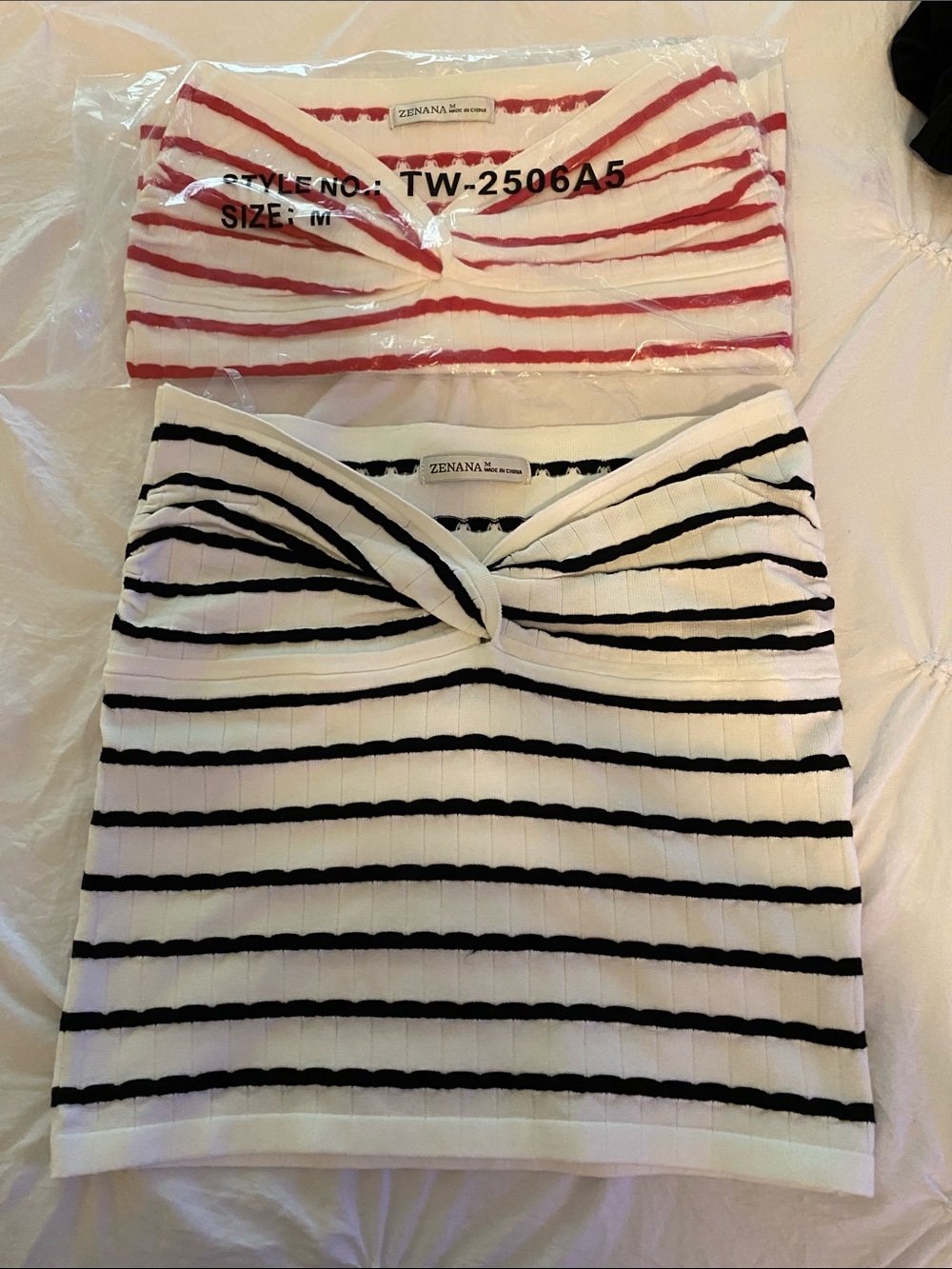 Zenana Set of 2 Red/ White and Black/White Striped Twist-Front Tube Top M